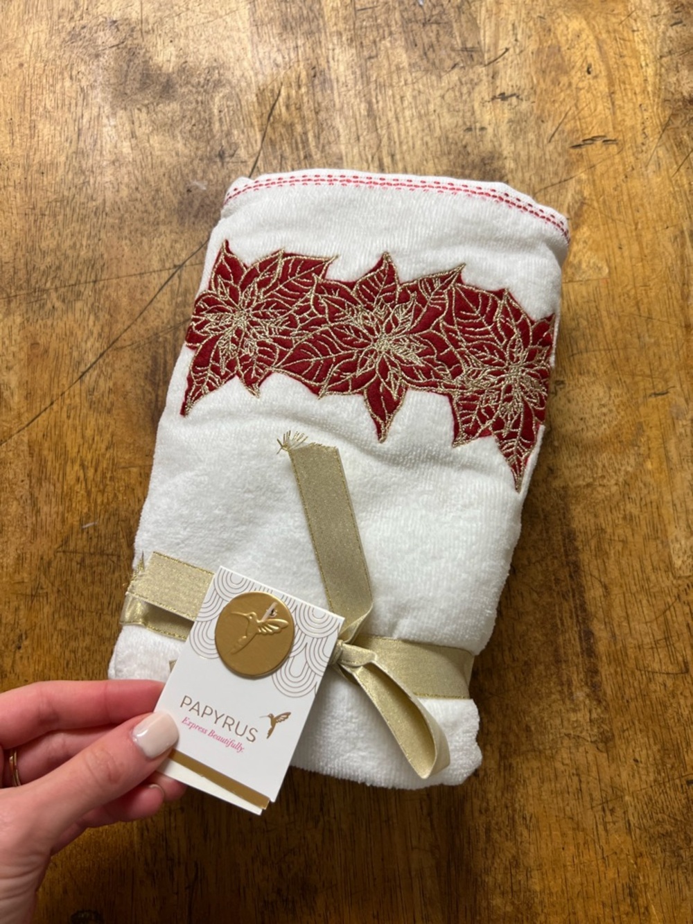 Papyrus White Hand Towel with Red & Gold Poinsettia Trim